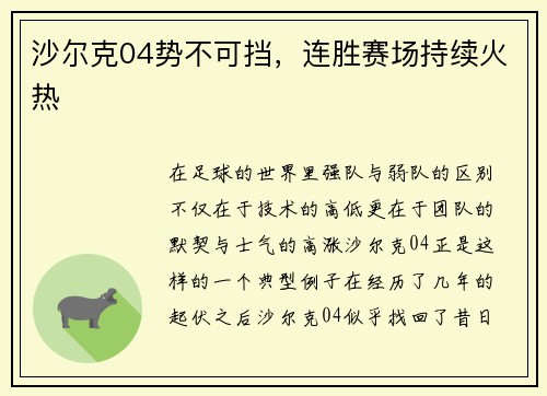 沙尔克04势不可挡，连胜赛场持续火热