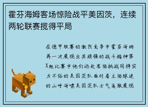 霍芬海姆客场惊险战平美因茨，连续两轮联赛揽得平局